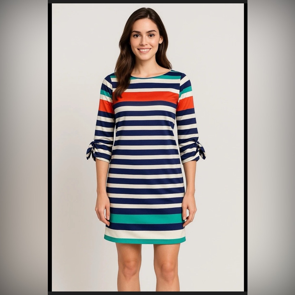 BOGO Dress Deal! Charming Charlie Striped Navy, White & Teal Tie-Sleeve